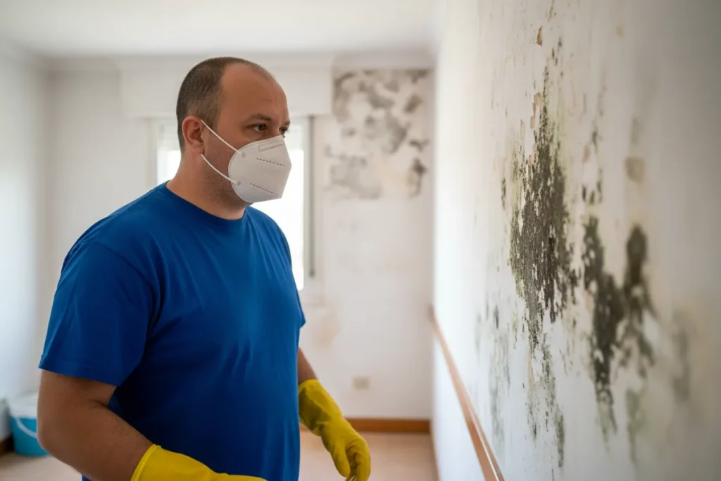 Técnico experto inspeccionando paredes con moho y humedad antes del tratamiento