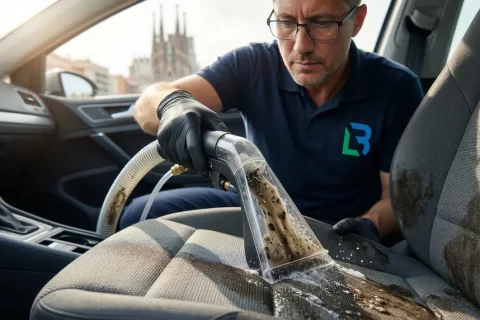 Técnico especialista realizando la limpieza profunda de la tapicería de un coche con máquina de inyección-extracción en Barcelona.