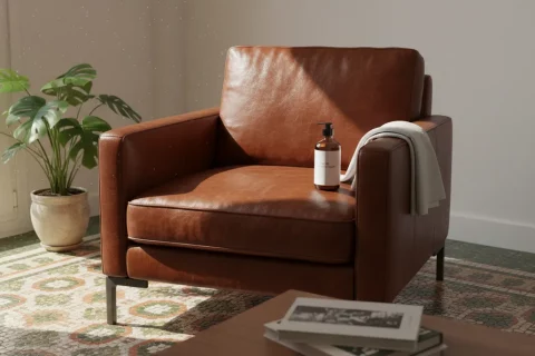 Sillón de cuero marrón hidratado y restaurado en Barcelona con suelo hidráulico