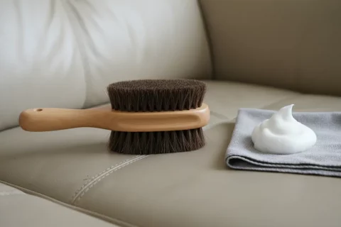 Limpieza profesional de sofá de piel beige con cepillo suave de crin de caballo y espuma activa