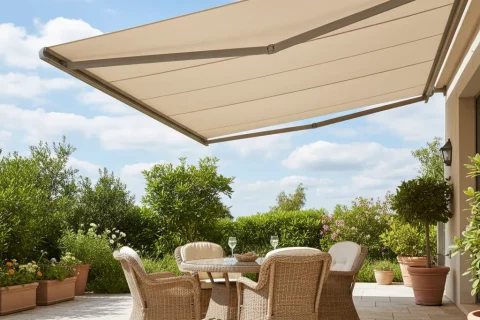 Toldo moderno beige limpio desplegado sobre terraza con mesa y sillas — limpieza de toldos en Barcelona