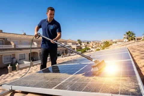 Operario de Limpieza BCN limpiando placas solares con pértiga y agua osmotizada en el tejado de una vivienda.