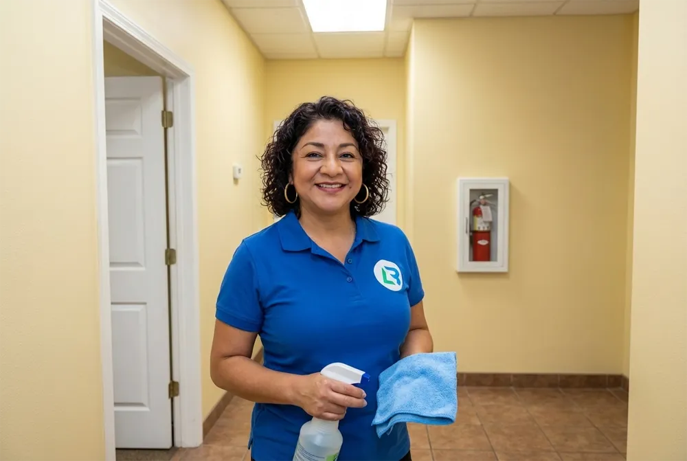 Servicio de limpieza de casas particulares en Barcelona - Empleada profesional limpiando mesa