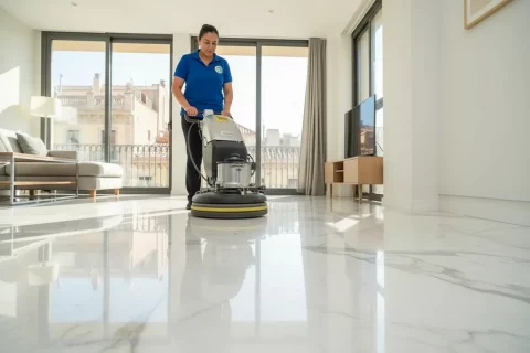 Pulido mecánico de suelos de piedra para recuperar el brillo natural Servicio profesional de pulido y abrillantado de suelos de mármol en Barcelona con maquinaria rotativa