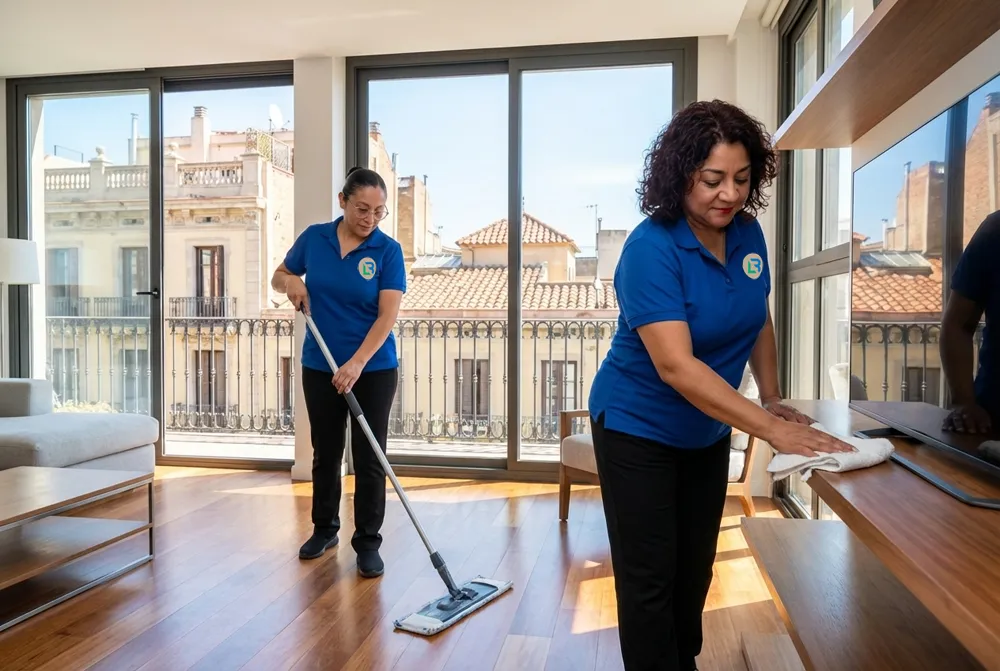 Equipo de limpieza a domicilio en Barcelona trabajando en equipo - Limpieza BCN