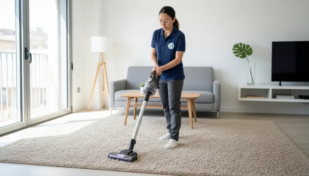 Aspirado profundo de alfombra grande en salón moderno