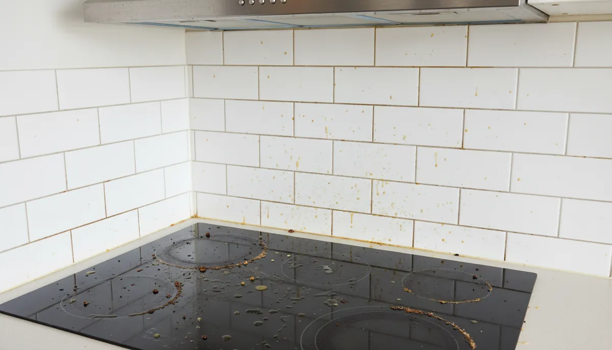 La grasa se acumula en lugares difíciles de alcanzar Cocina muy sucia con grasa antes de limpieza profesional