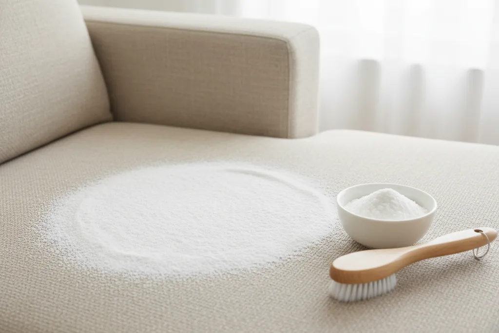 Aplicando bicarbonato de sodio en sofá para eliminar olores en seco