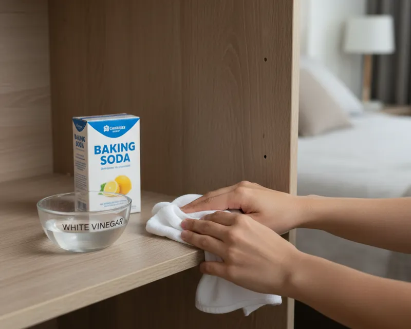 Trucos caseros para desinfectar armarios y eliminar olores Limpiando el interior de un armario de madera con vinagre y bicarbonato para quitar el olor a humedad