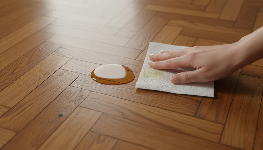 Cómo secar orina de gato en parquet sin dañar el barniz Limpiando mancha de orina de gato en suelo de parquet con papel absorbente para evitar daños en la madera