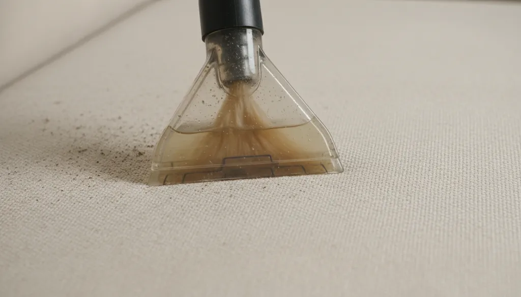 Resultado de limpieza profesional: eliminando suciedad profunda Máquina de inyección-extracción aspirando suciedad y orina de un sofá de tela beige durante una limpieza profesional
