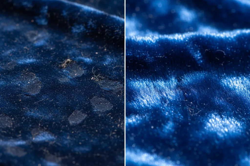 Efecto del cepillado en la textura del sofá de terciopelo Diferencia entre terciopelo aplastado y terciopelo peinado y limpio: textura macro