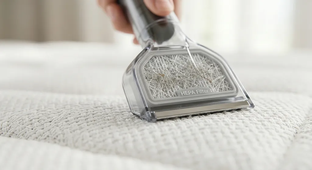 Aspirando un colchón blanco con una aspiradora de filtro HEPA para eliminar ácaros del polvo