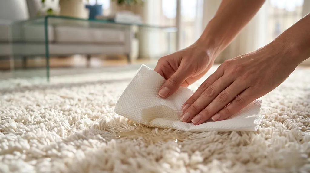 Absorbiendo un derrame de líquido en una alfombra de viscosa con papel de cocina sin frotar para evitar manchas