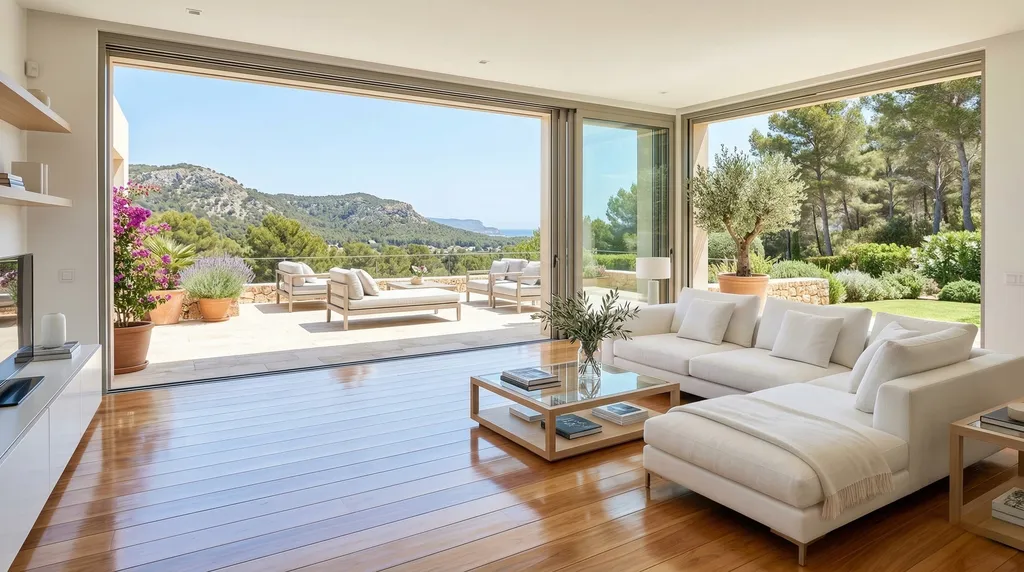 Salón de un chalet perfectamente limpio con vistas al jardín, destacando el servicio a domicilio de nuestra empresa de limpieza en Vacarisses.