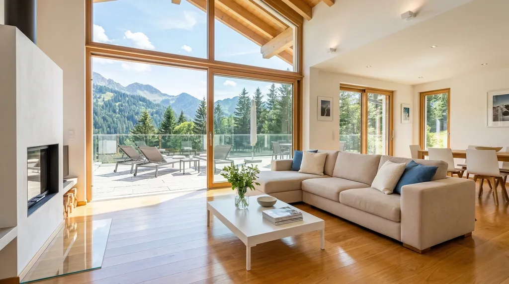 Salón de un chalet impecablemente limpio con terraza y vistas a la montaña, representando el servicio profesional de nuestra empresa de limpieza en Vallirana.