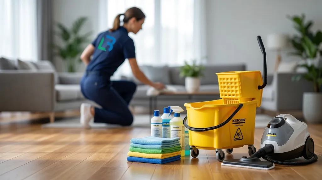 Equipo y productos de limpieza profesional listos para realizar una limpieza a fondo en una vivienda