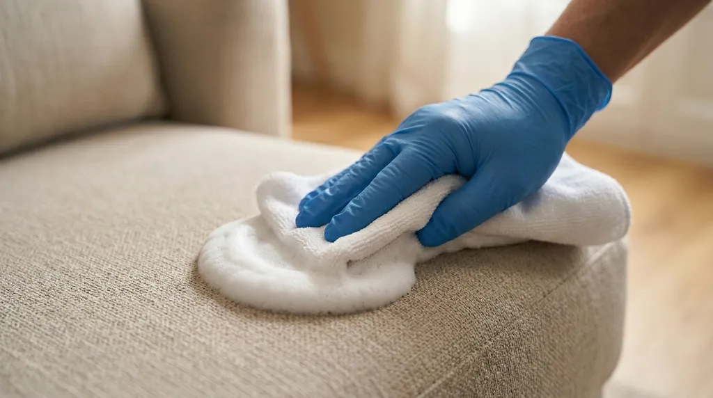 Aplicación de espuma seca para limpiar sofá de tela en seco en casa