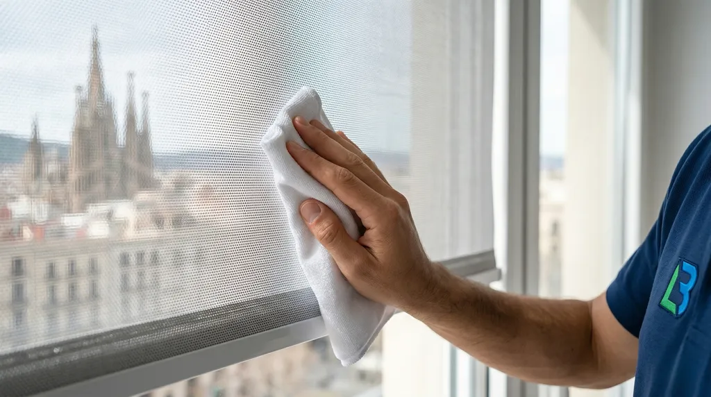Cómo limpiar estores enrollables | Limpieza BCN Limpiando un estor enrollable tipo screen con un paño de microfibra sin descolgarlo de la ventana