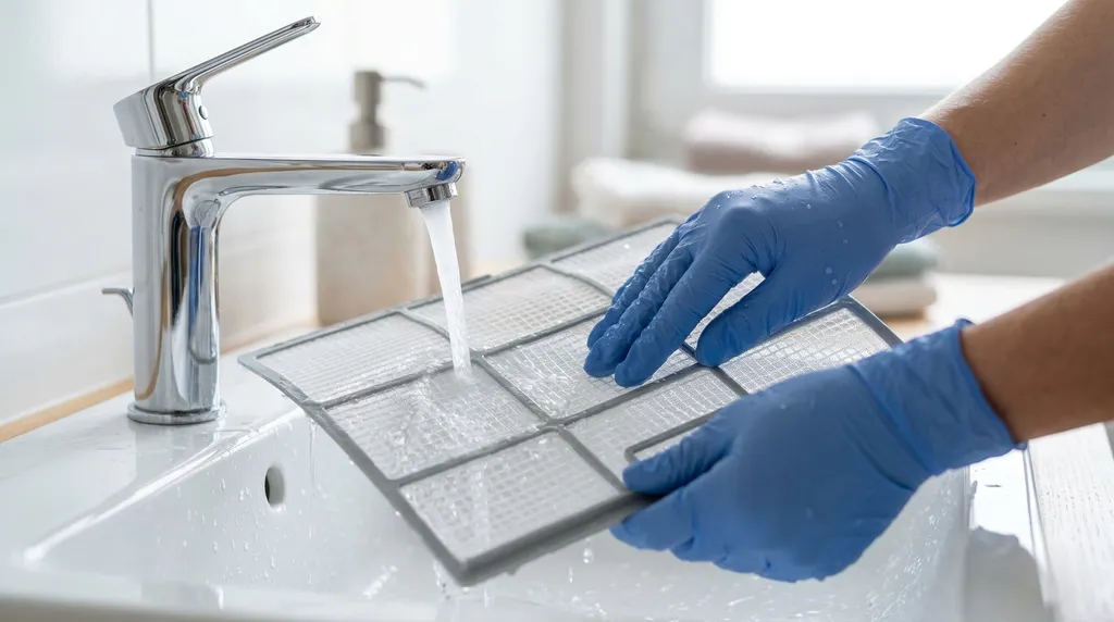 Lavado cuidadoso de los filtros del aire acondicionado con agua para eliminar polvo y bacterias