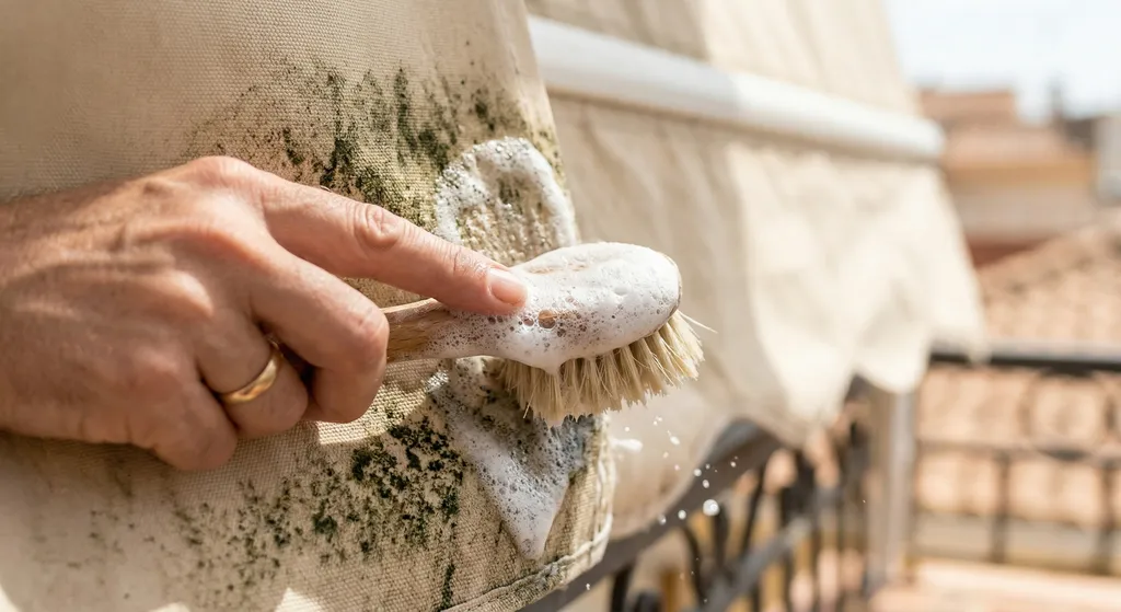 Limpieza de manchas difíciles en toldos | Limpieza BCN Detalle de limpieza de manchas de moho y verdín en un toldo de lona exterior