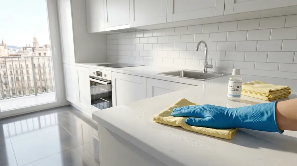 Limpieza y desinfección profunda de una cocina en un piso de alquiler vacío