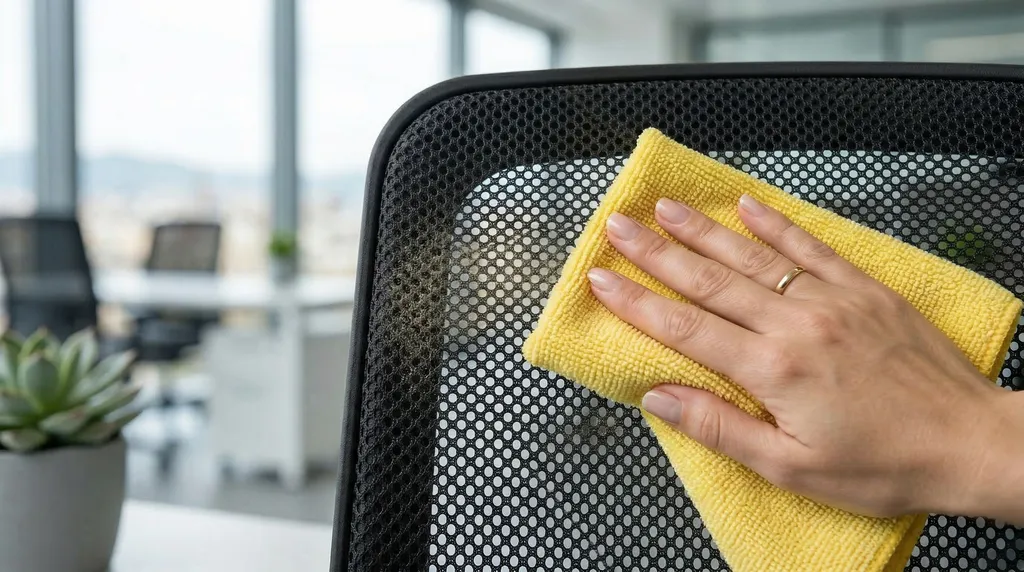 Limpieza cuidadosa del respaldo de rejilla o malla de una silla de oficina con un paño de microfibra