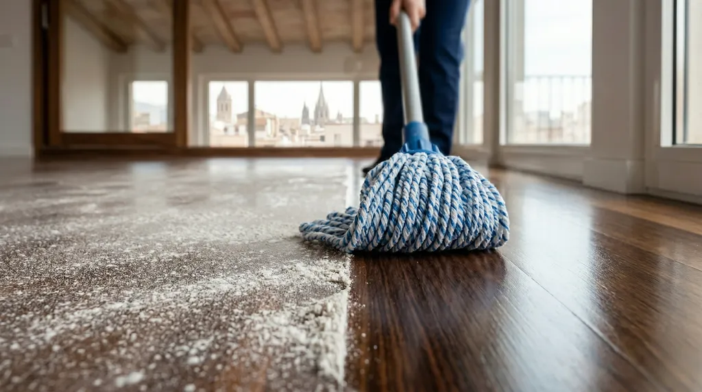 Eliminar polvo de obra sin rayar el suelo | Limpieza BCN Profesional limpiando el polvo de yeso de un suelo de madera nuevo tras una reforma