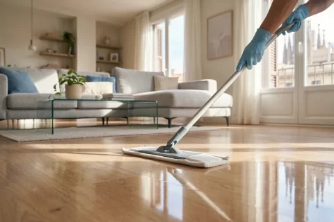 Especialista de Limpieza BCN limpiando un suelo de parquet con mopa de microfibra de baja humedad para no dañar la madera.