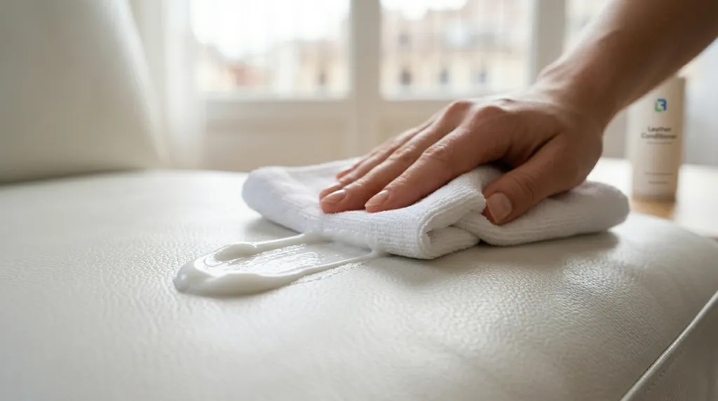 Paño de microfibra blanco aplicando crema hidratante especial sobre un sofá de piel blanca