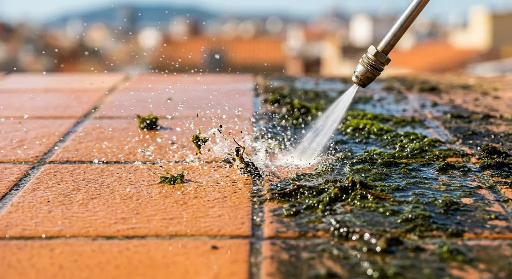Limpieza de suelos exteriores con agua a presión | Limpieza BCN Uso de máquina hidrolimpiadora a presión para eliminar moho negro y verdín de las baldosas de una terraza exterior