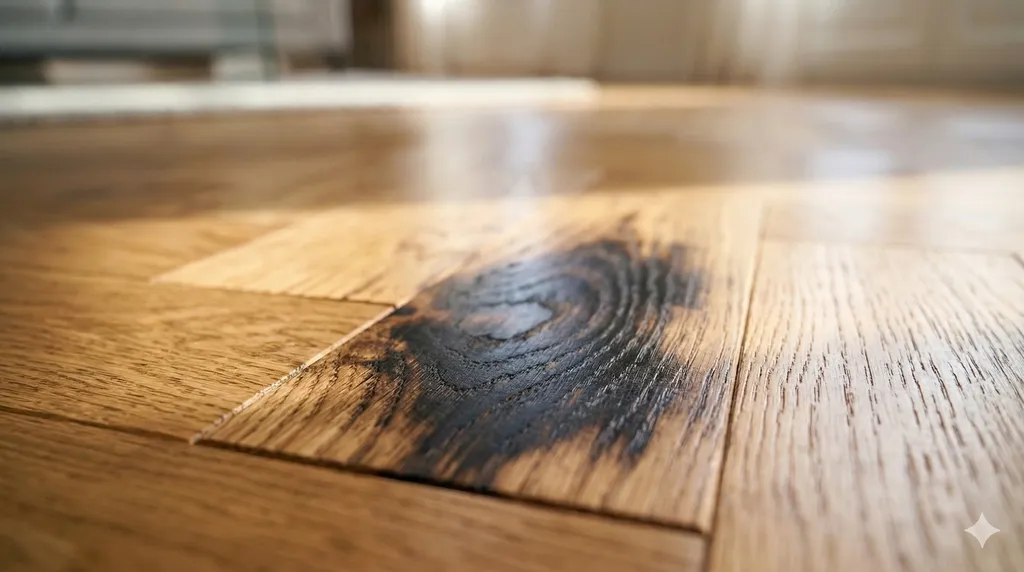 Mancha oscura en el suelo de parquet causada por la filtración prolongada de orina de perro