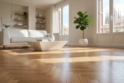 Suelo laminado perfectamente limpio, nutrido y con brillo renovado tras un servicio de mantenimiento profesional.