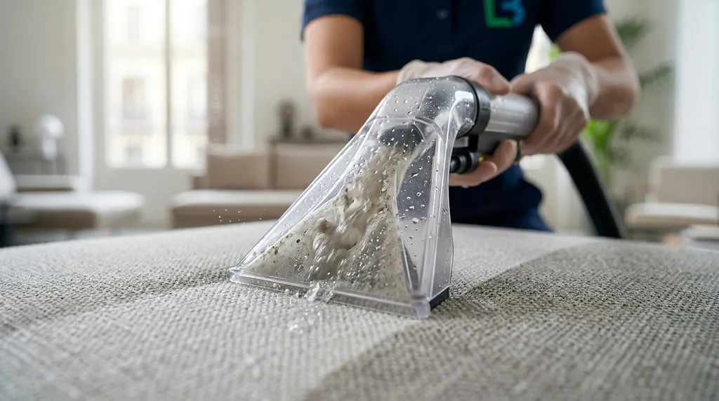 Clic para ampliar: Limpieza profesional de sofás a domicilio Técnico profesional realizando la limpieza de un sofá chaise longue a domicilio en Barcelona