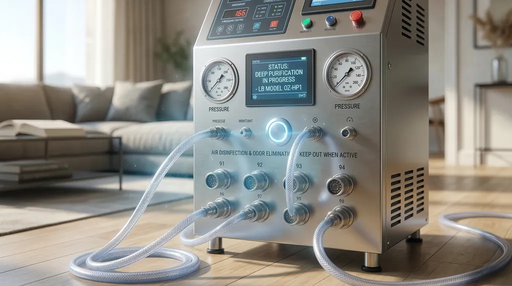 Máquina generadora de ozono industrial funcionando en una habitación para eliminar esporas de moho