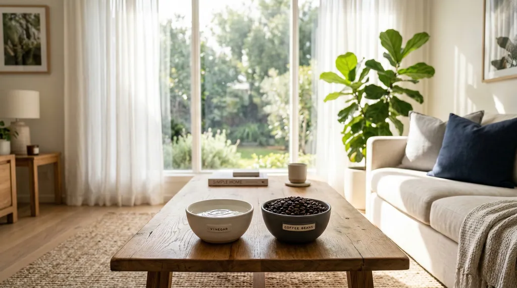 Recipientes con vinagre blanco y granos de café para como quitar el olor a humo de cigarro de la casa