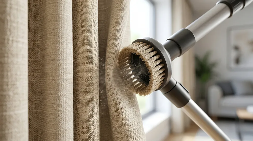 Persona utilizando el accesorio de cepillo suave de una aspiradora para limpiar una cortina colgada