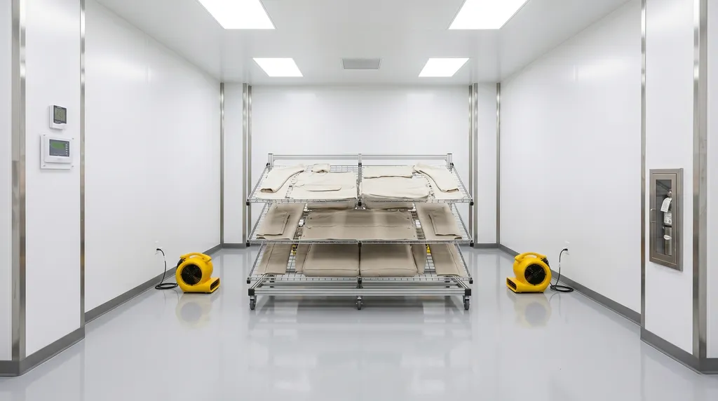 Laboratorio esterilizado de Limpieza BCN con turbinas de secado rápido para fundas de sofás de algodón, evitando la aparición de taninos