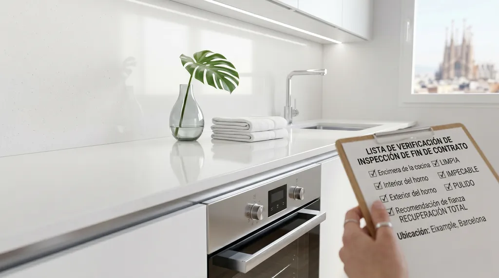 Agente inmobiliario revisando la limpieza a fondo de una cocina impecable en un piso de alquiler en Barcelona