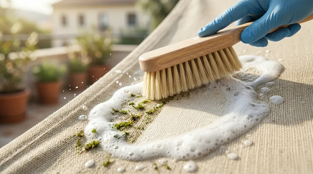 Persona frotando suavemente la lona de un toldo con un cepillo de cerdas suaves y agua jabonosa