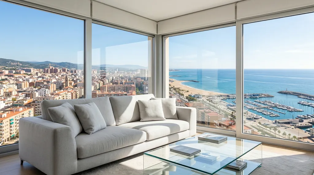 Resultados de nuestro servicio de limpieza integral y de cristales en Mataró Salón moderno e impecable con un sofá gris recién limpiado y cristaleras brillantes con vistas al mar en Mataró