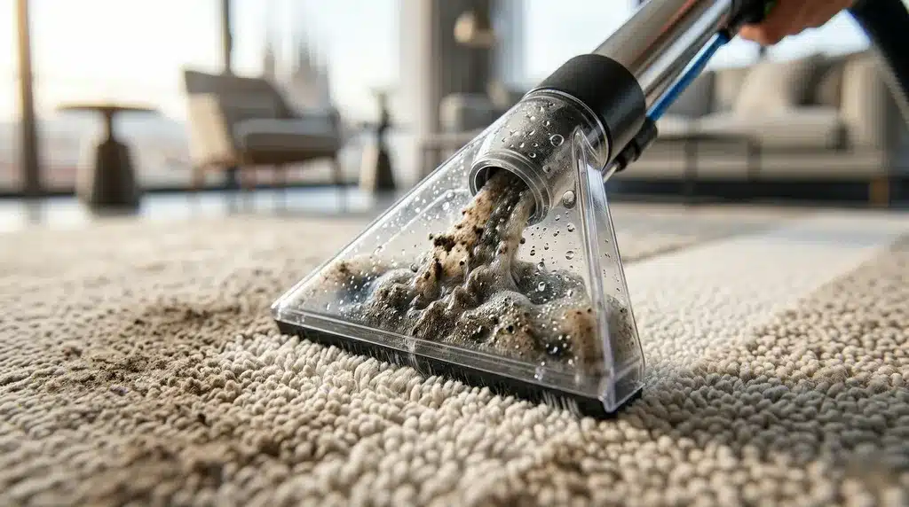 Lavado profundo de alfombras con inyección-extracción | Limpieza BCN Técnico profesional utilizando maquinaria de inyección-extracción para limpiar una alfombra a domicilio