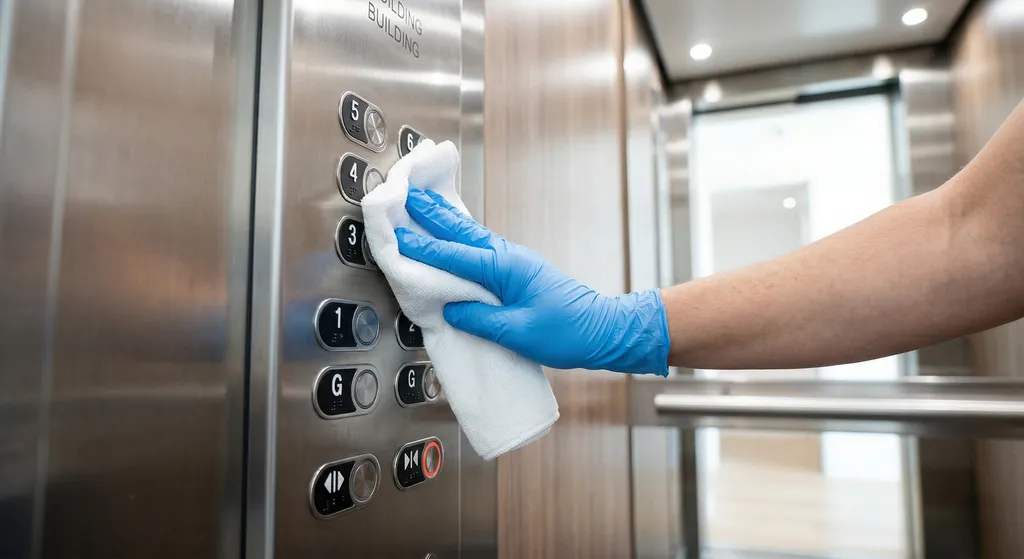 Profesional de limpieza desinfectando la botonera y los espejos del ascensor en una comunidad de vecinos