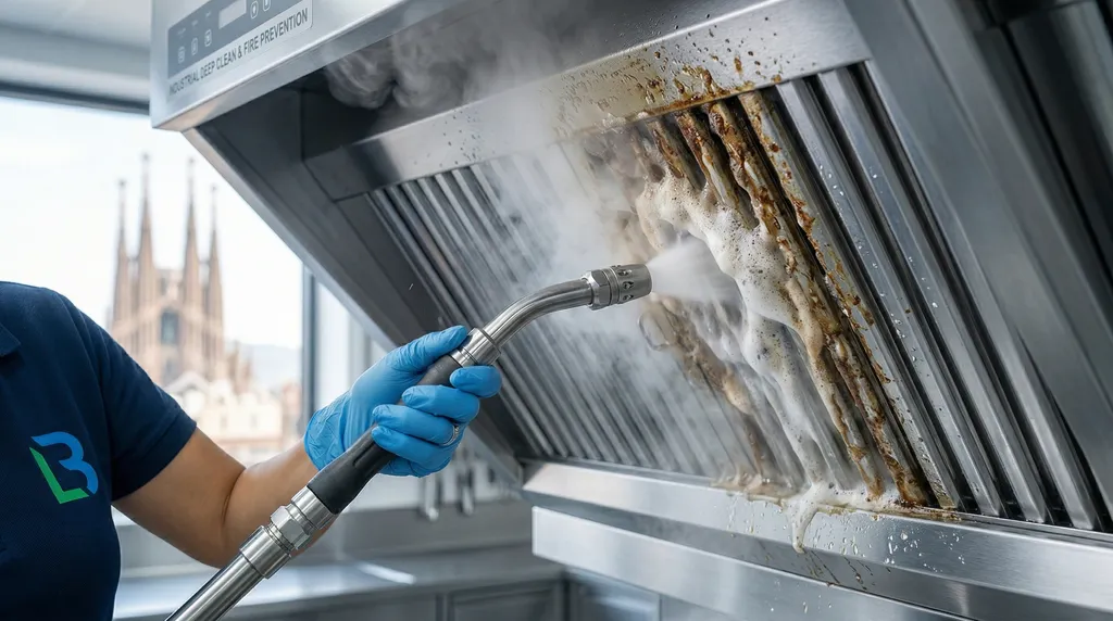 Técnico profesional desengrasando los filtros y conductos de una campana extractora industrial en un restaurante de Barcelona