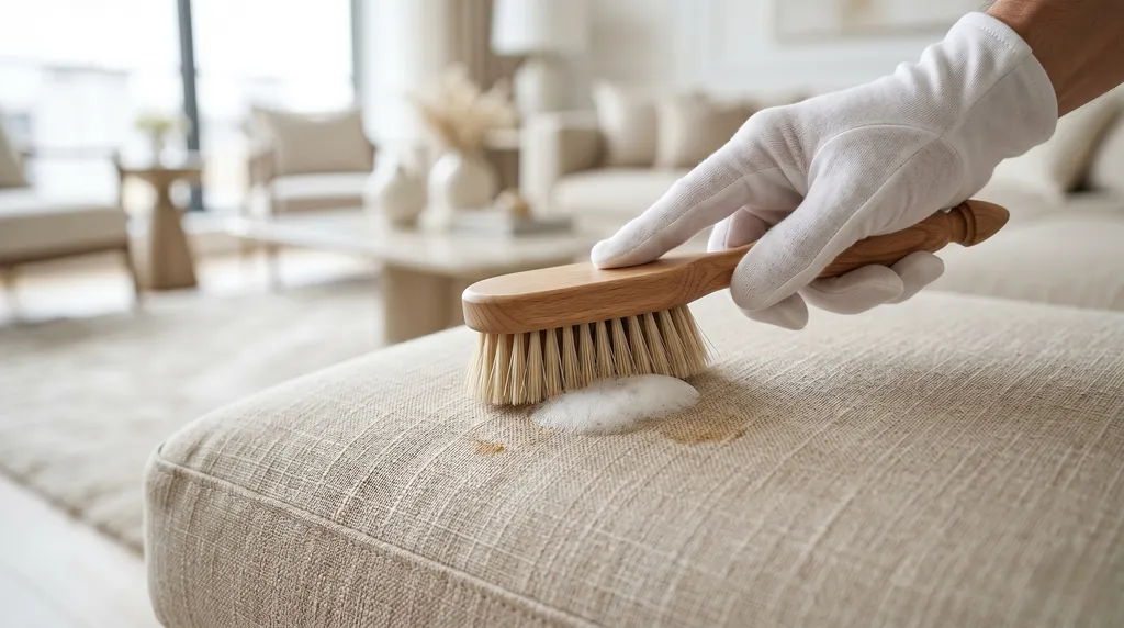 Detalle de limpieza en seco con espuma activa sobre un cojín de sofá de lino y plumas