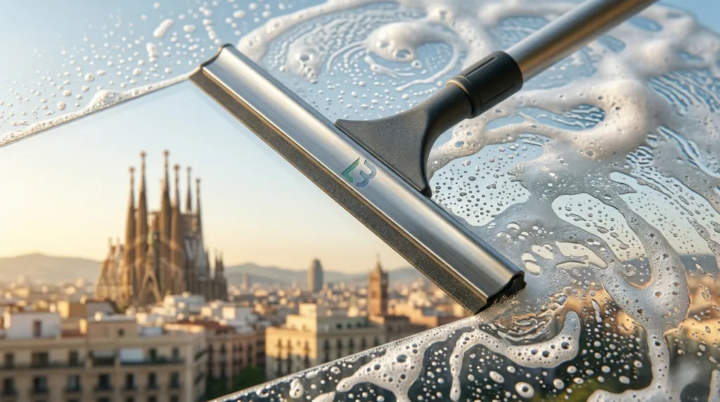 Profesional utilizando una regleta limpia cristales en un gran ventanal de un domicilio en Barcelona