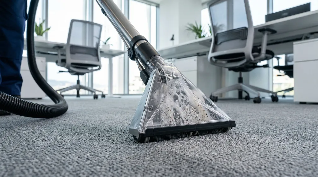 Limpieza profunda de moquetas y sillas en una oficina moderna por una empresa de limpieza en Barcelona