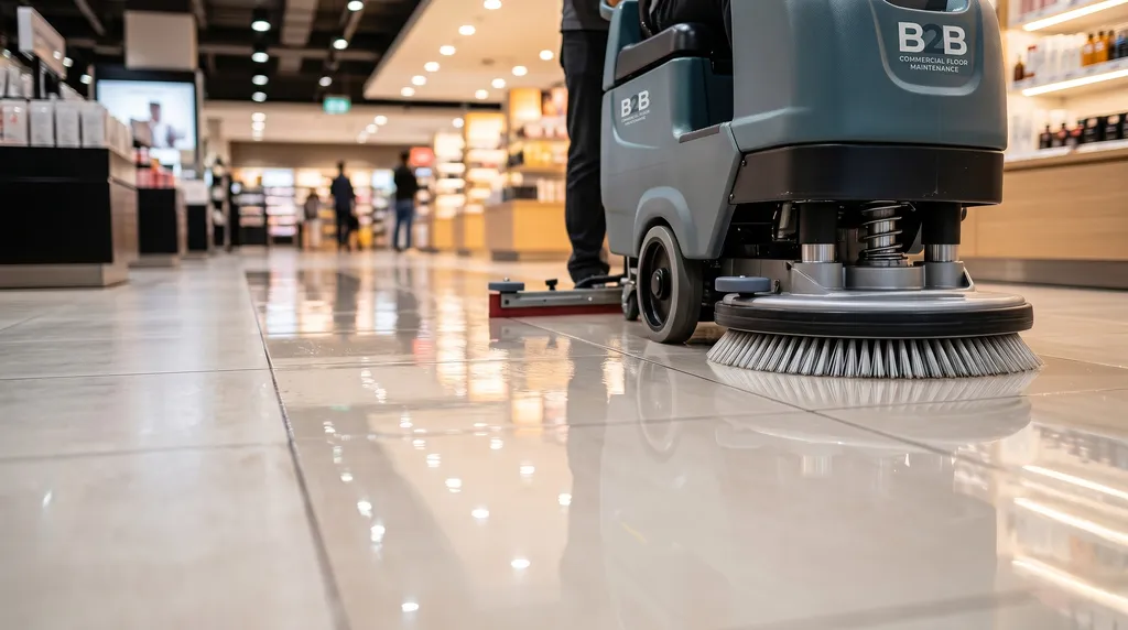Mantenimiento de suelos en tiendas | Limpieza BCN Operario con maquinaria fregadora limpiando el suelo brillante de un local comercial en Barcelona