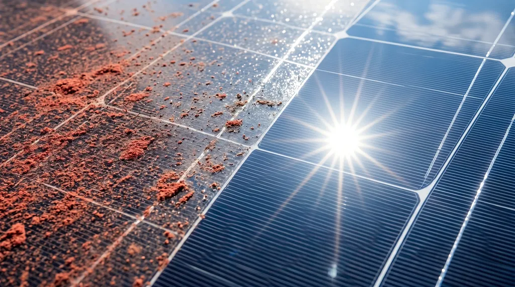 Comparativa macro de un panel solar muy sucio cubierto de polvo frente a un lado limpio y brillante
