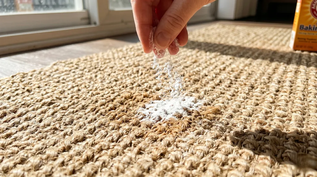 Limpieza en seco de alfombras de yute con bicarbonato | Limpieza BCN Persona aplicando bicarbonato de sodio sobre una mancha en una alfombra de yute natural para absorber la humedad